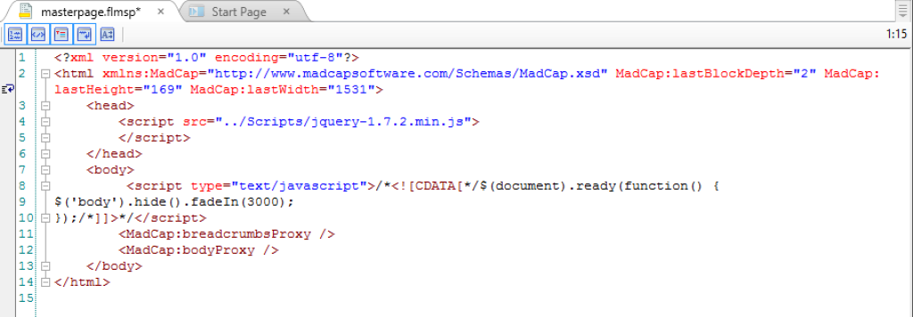JavaScript in Flare. It shows the script source reference is added in script elements inside the head element. Another script is in the body section of the page.