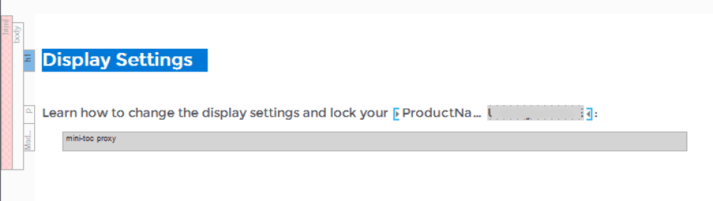 MadCap Flare document. It has an h1 heading "Display Settings". The heading is highlighted.