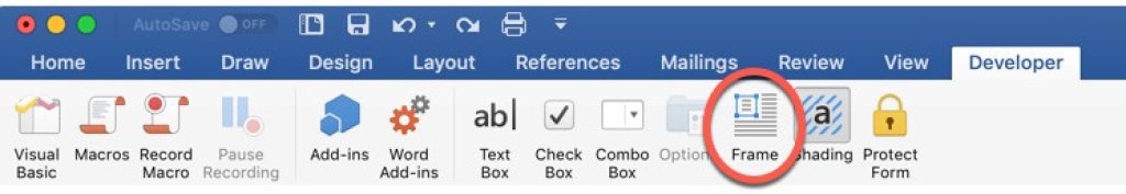 Microsoft Word Developer bar at the top of the display. The Frame option is highlighted.