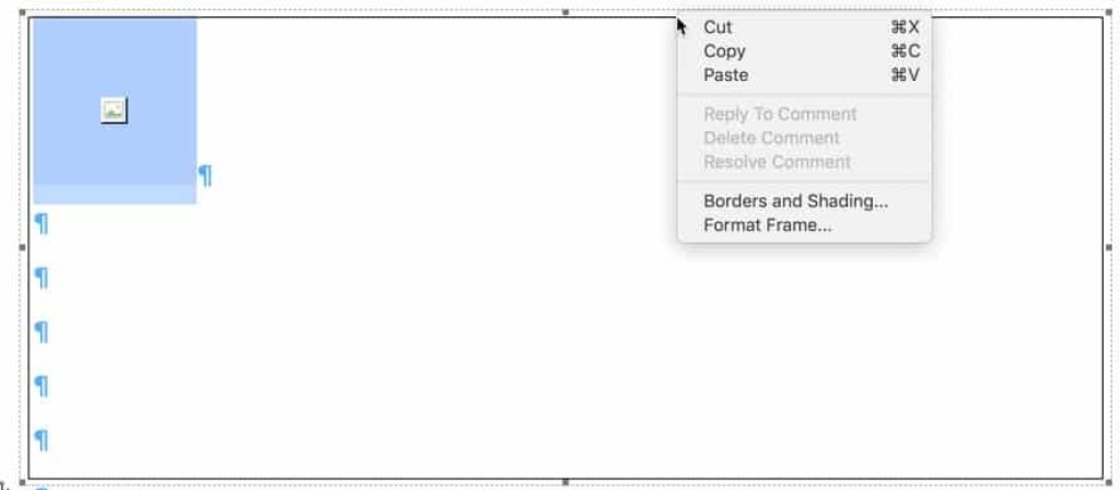 A frame is selected. There is a drop-down menu and it has options for Cut, Copy, Paste, Borders and Shading, and Format Frame.