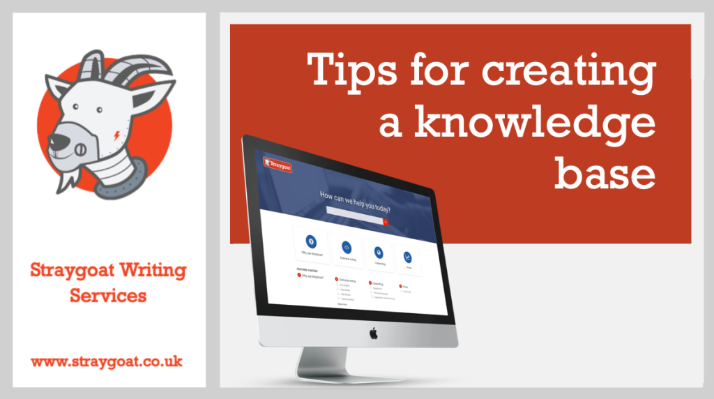 Straygoat writing services logo with "tips for creating a knowledge base" heading. There is a monitor showing an example of a knowledge base.