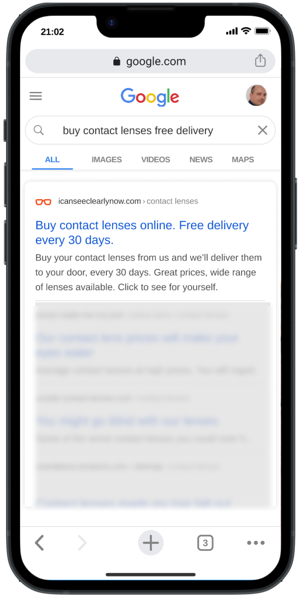 Heading: Buy contact lenses online. Free delivery every 30 days
Text: Buy your contact lenses from us and we'll deliver them to your door, every 30 days. Great prices, wide range of lenses available. Click to see for yourself.
