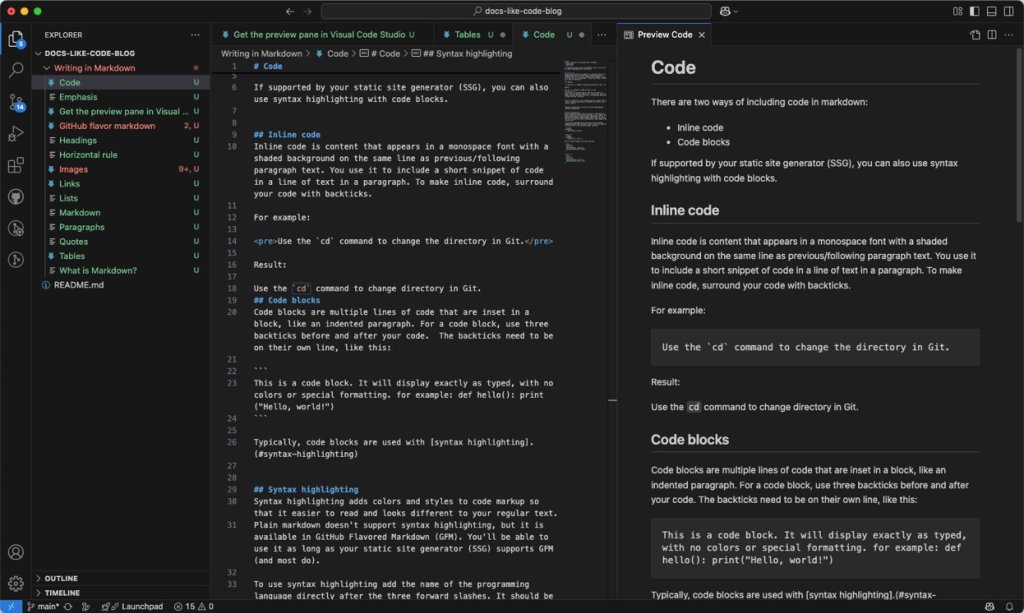 Markdown content in Visual Studio Code. There are three columns, the left is navigation, the middle is the editor where the content is entered in Markdown and the right column is an HTML preview.