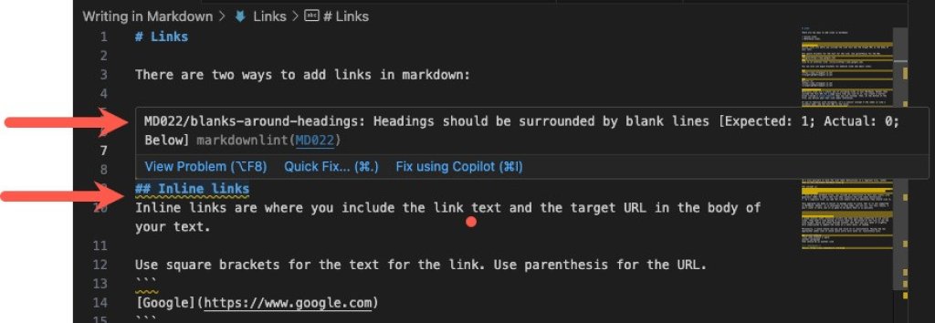 Linter used to highlight problems with markdown content in Visual Studio Code. There is a yellow underline to indicate where the problem is and a hover pop-up with information about the issue.