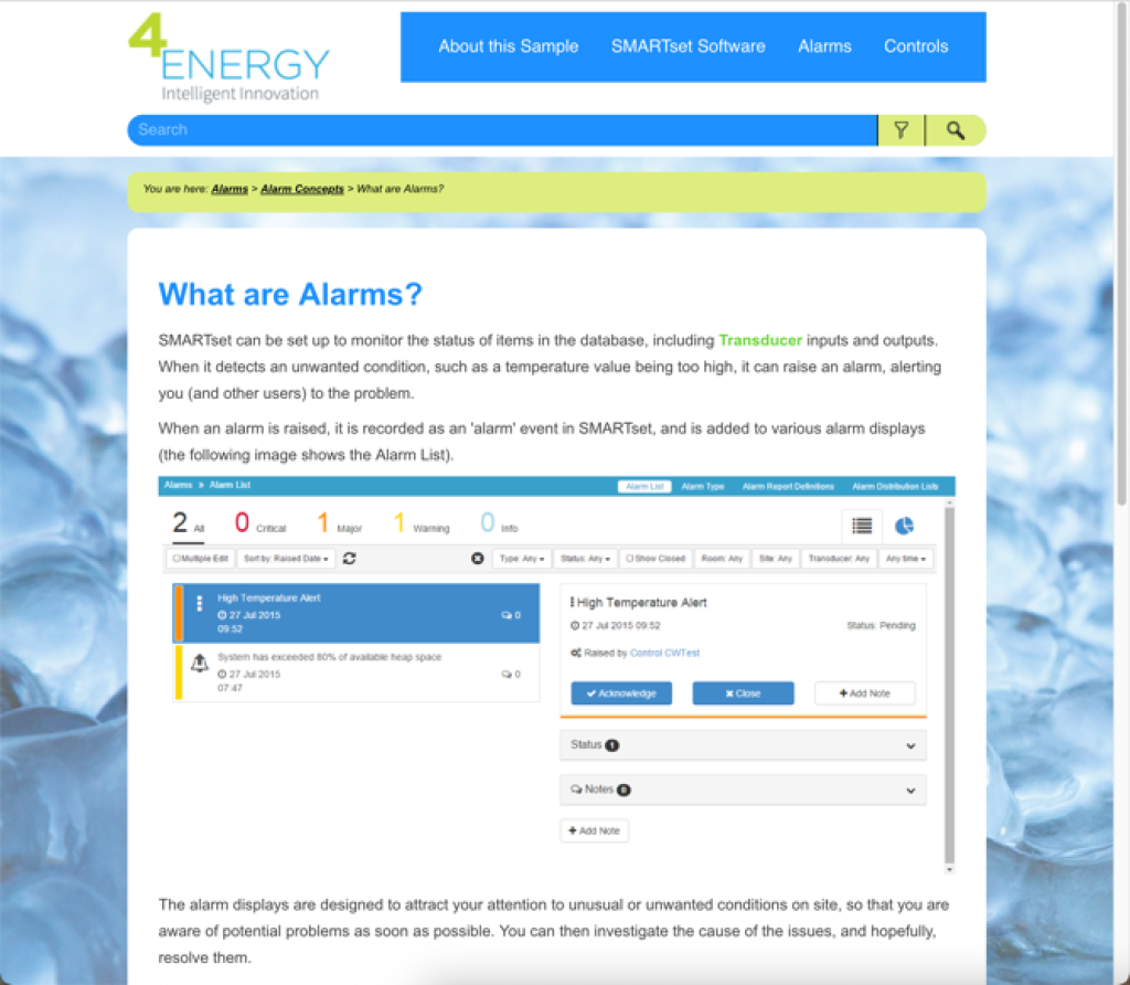 Screenshot of content in a MadCap Flare HTML output. There is a banner at the top with navigation menu, a search bar, a breadcrumb, and then an article called "What are alarms?". The article has text and a screenshot of a software user interface.