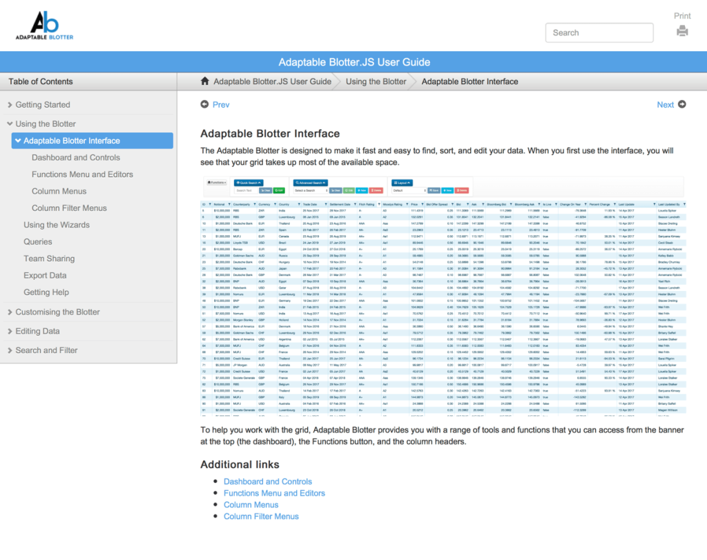 Screenshot of Paligo help center for Adaptable Blotter user guide.