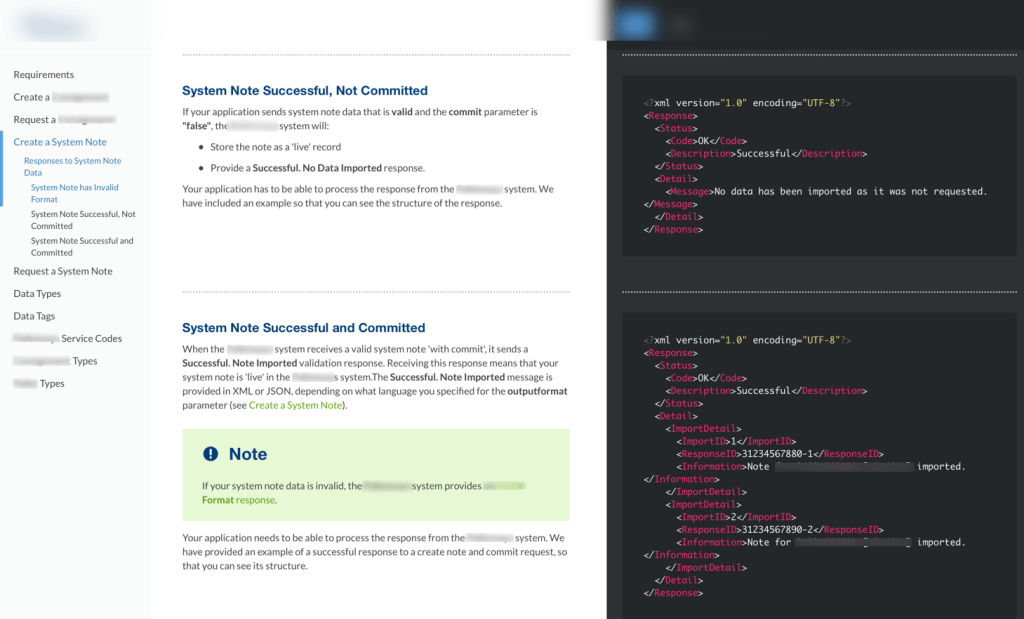 API documentation created in Paligo. The screenshot shows the three column API information, with the left column for page navigation, the centre column for the information, and the right column for code examples.