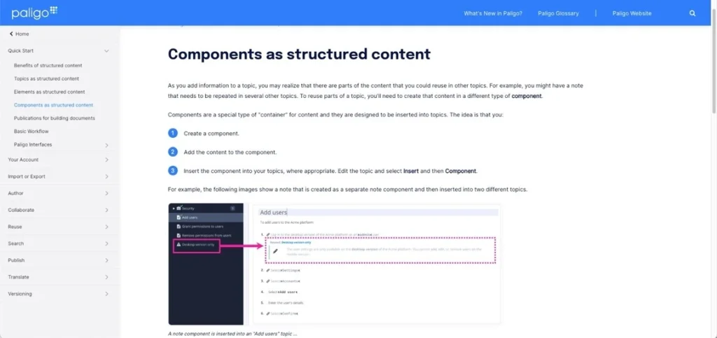 Paligo help center. A page that explains Components as structured content.