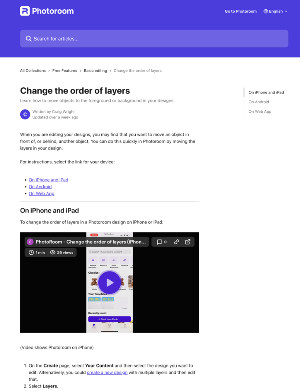 Example of Photoroom knowledge base article, written by Craig Wright using Intercom.