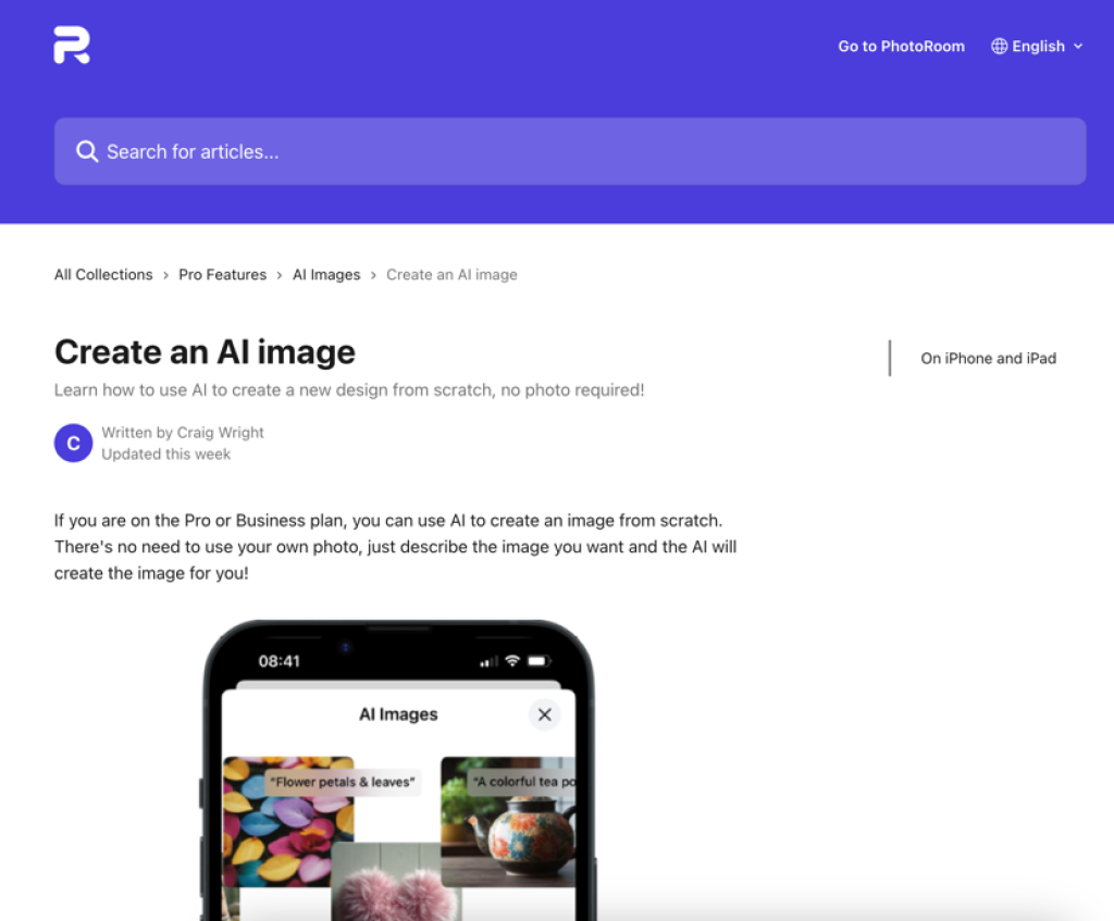 Screenshot of Photoroom knowledge base page written by Craig Wright in Intercom.